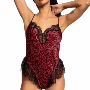 NWT Victoria's Secret Red and Black Leopard Lace Chemise Romper Teddy Size L